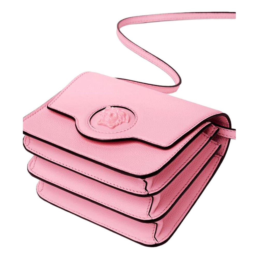 Versace La Medusa Pink Pebbled Leather Small Crossbody Bag Gold Logo