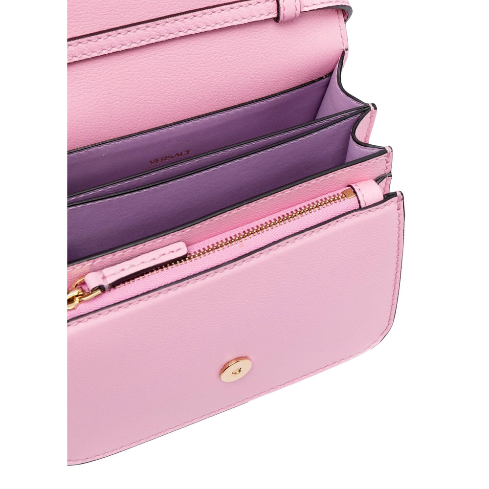 Versace La Medusa Pink Pebbled Leather Small Crossbody Bag Gold Logo