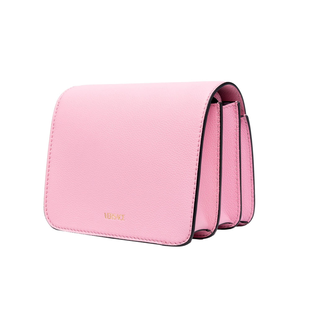 Versace La Medusa Pink Pebbled Leather Small Crossbody Bag Gold Logo