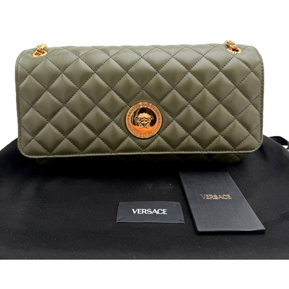 Versace La Medusa Olive Green Quilted Lambskin Chain Crossbody Bag