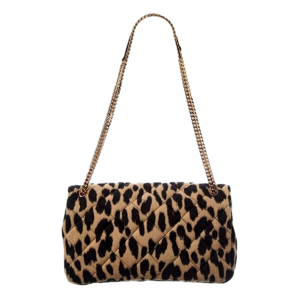 Versace Leopard Print Wool Leather Shoulder Bag Gold Medallion Chain Strap