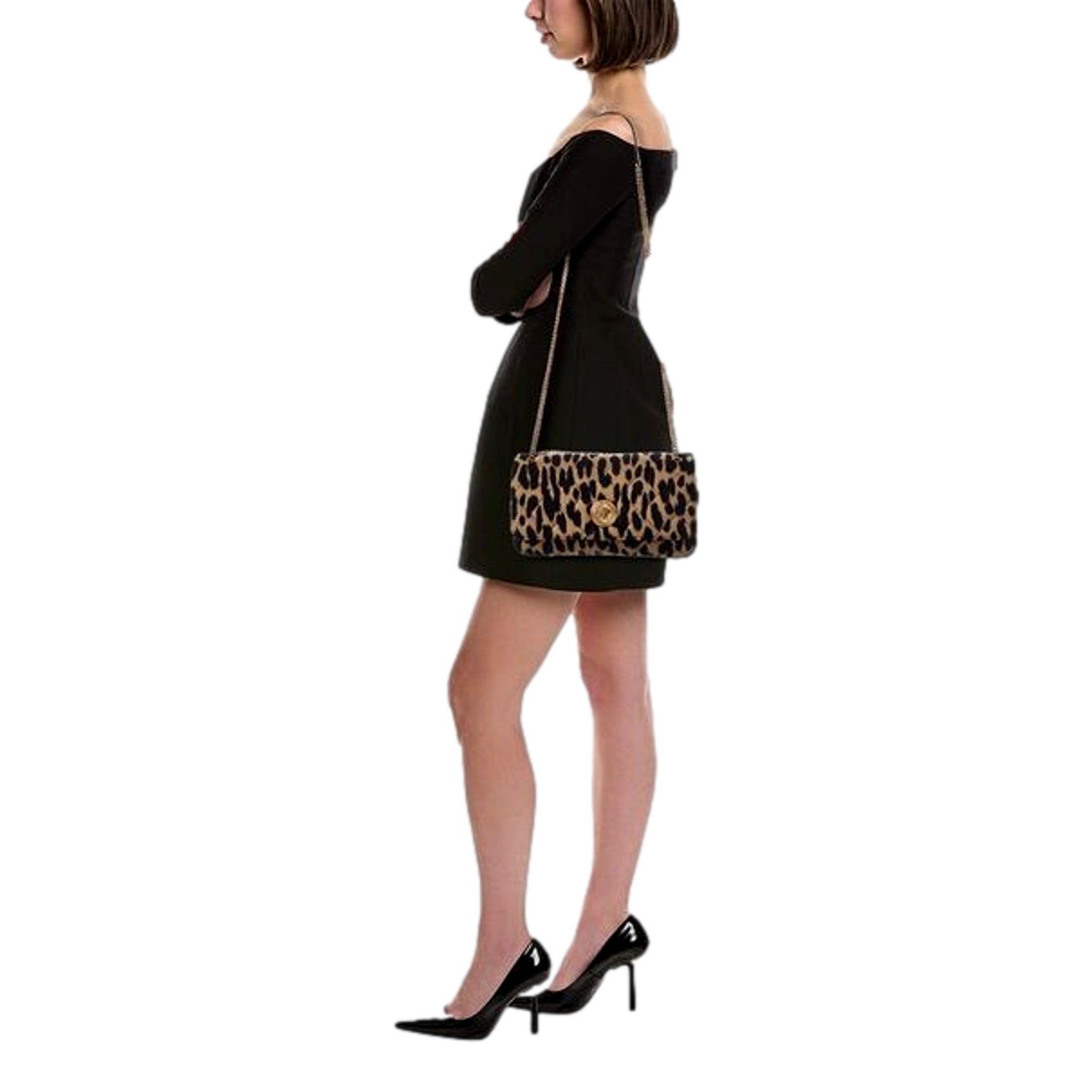 Versace Leopard Print Wool Leather Shoulder Bag Gold Medallion Chain Strap