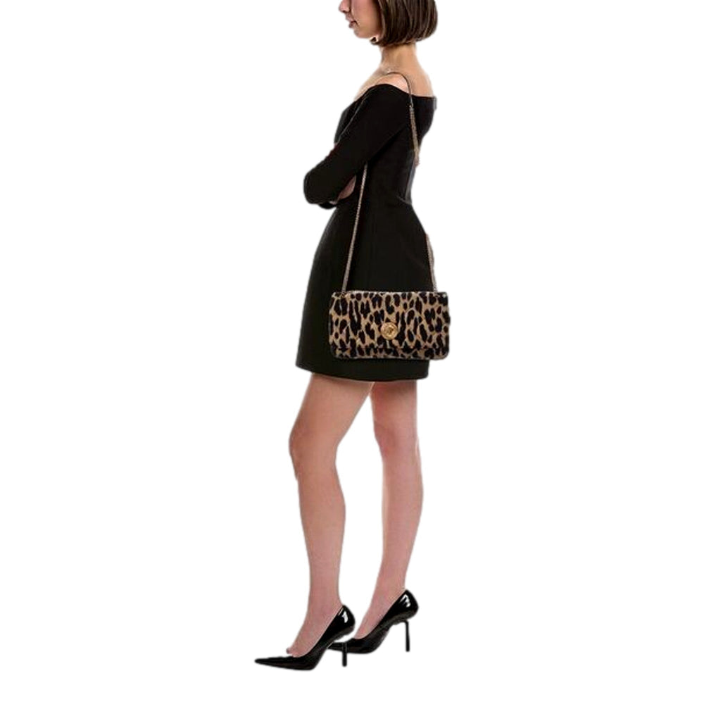 Versace Leopard Print Wool Leather Shoulder Bag Gold Medallion Chain Strap