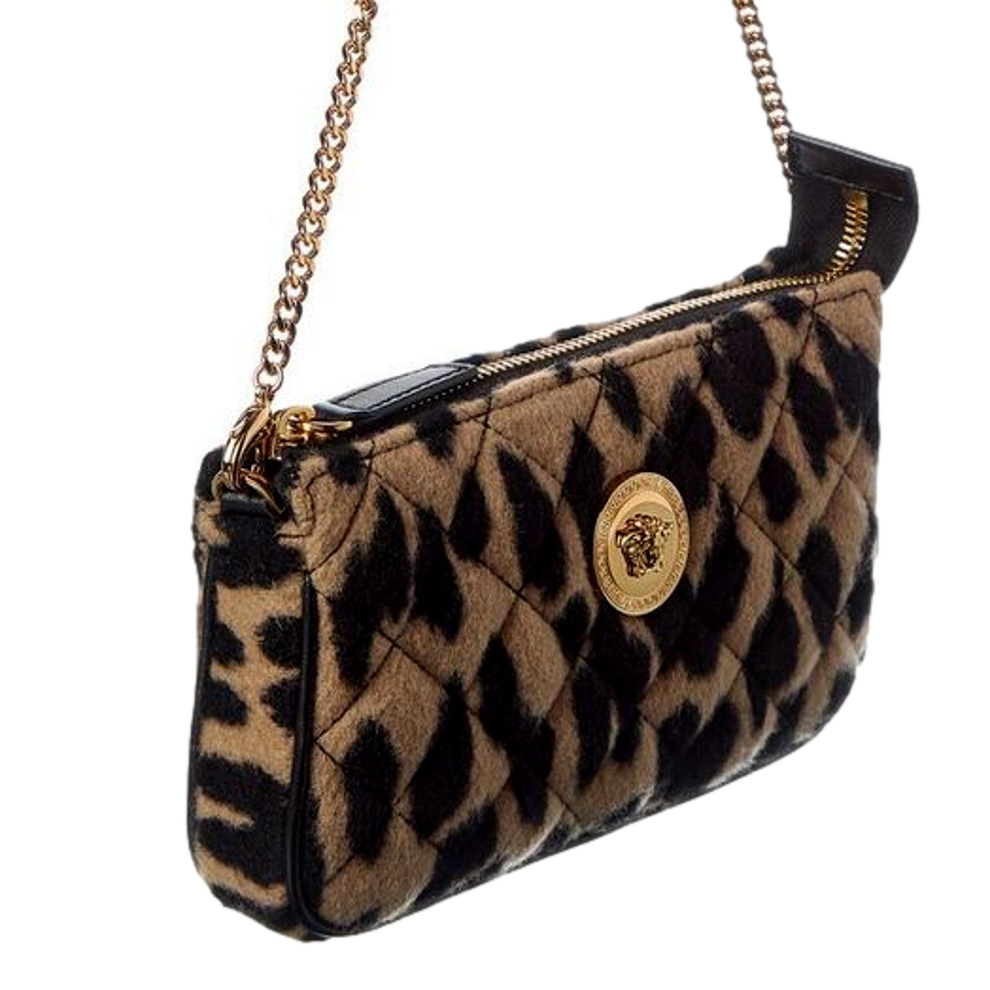 Versace Leopard Print Fur Mini Shoulder Bag Gold Medusa Chain Designer Handbag