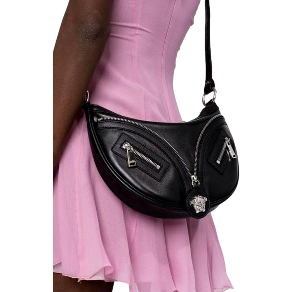 Versace La Medusa Repeat Small Hobo Shoulder Bag Black Calfskin Leather