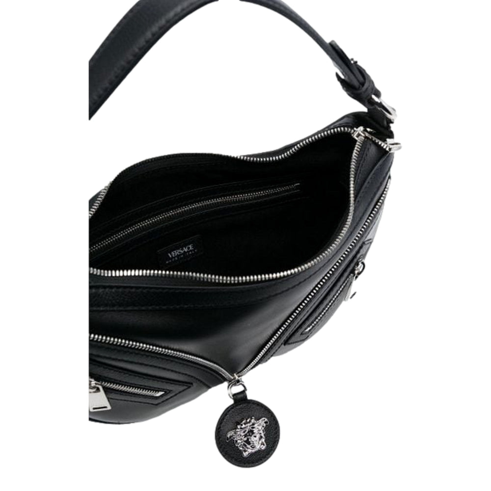Versace La Medusa Repeat Small Hobo Shoulder Bag Black Calfskin Leather