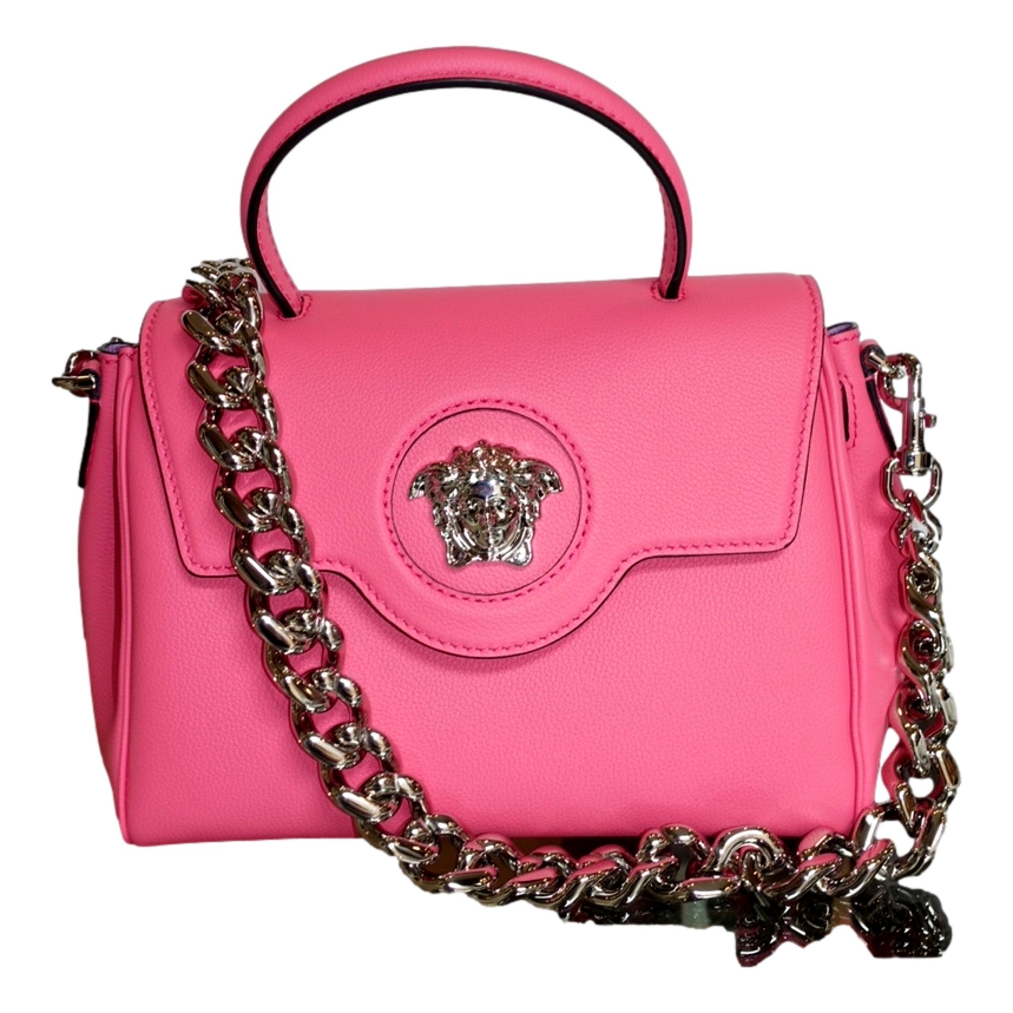 Versace Flamingo Pink Vitello Leather Top Handle Designer Handbag