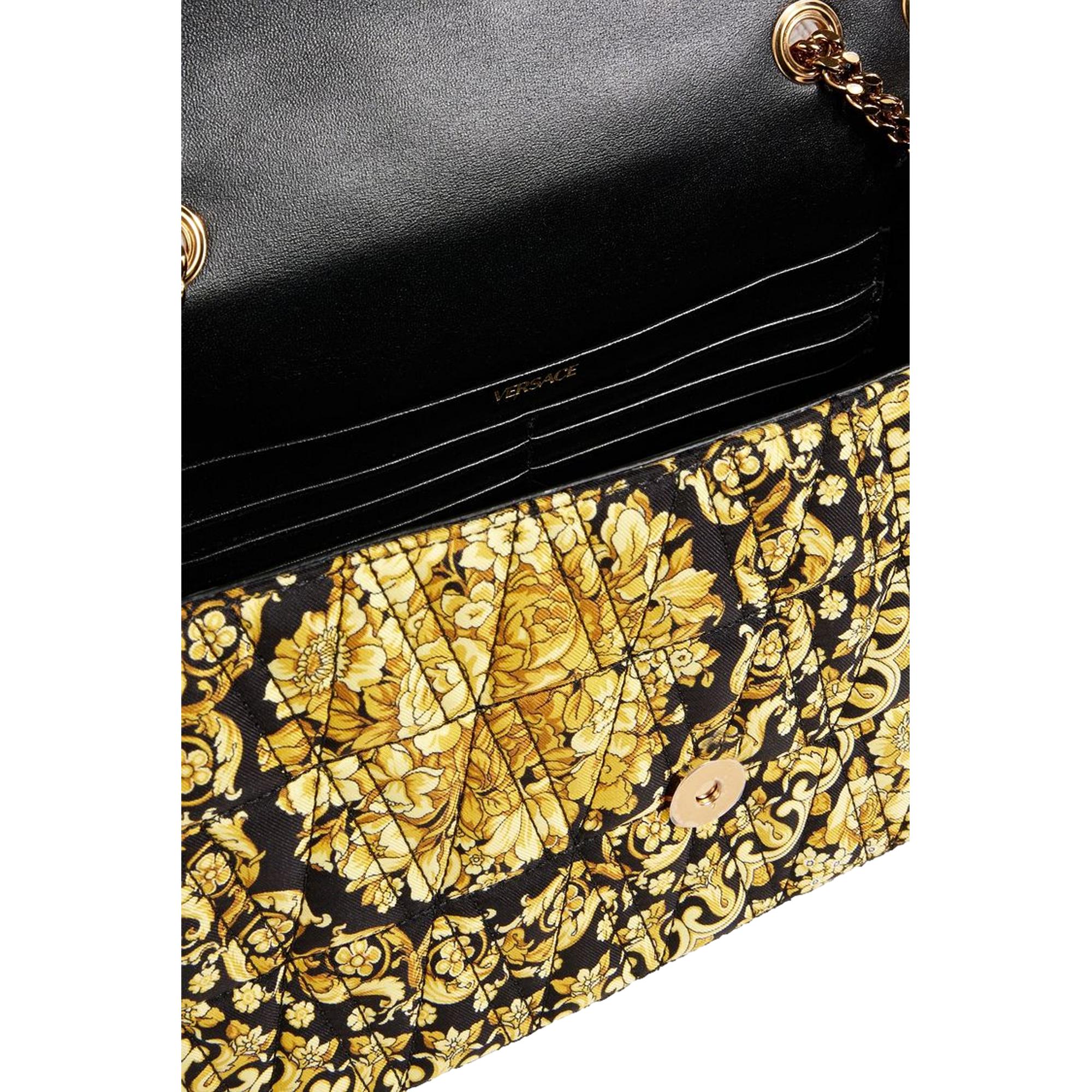 Versace Virtus Barocco Print Quilted Silk Shoulder Bag Black Gold