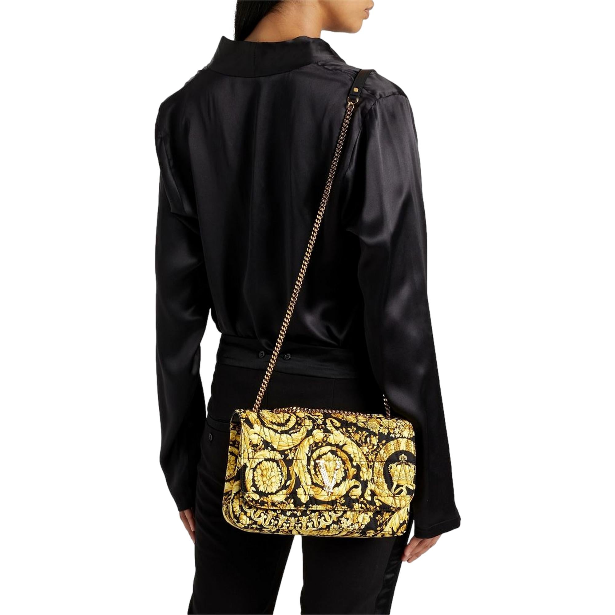Versace Virtus Barocco Print Quilted Silk Shoulder Bag Black Gold