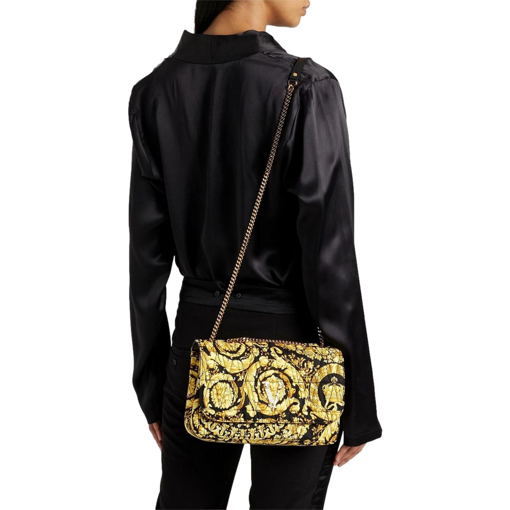 Versace Virtus Barocco Print Quilted Silk Shoulder Bag Black Gold