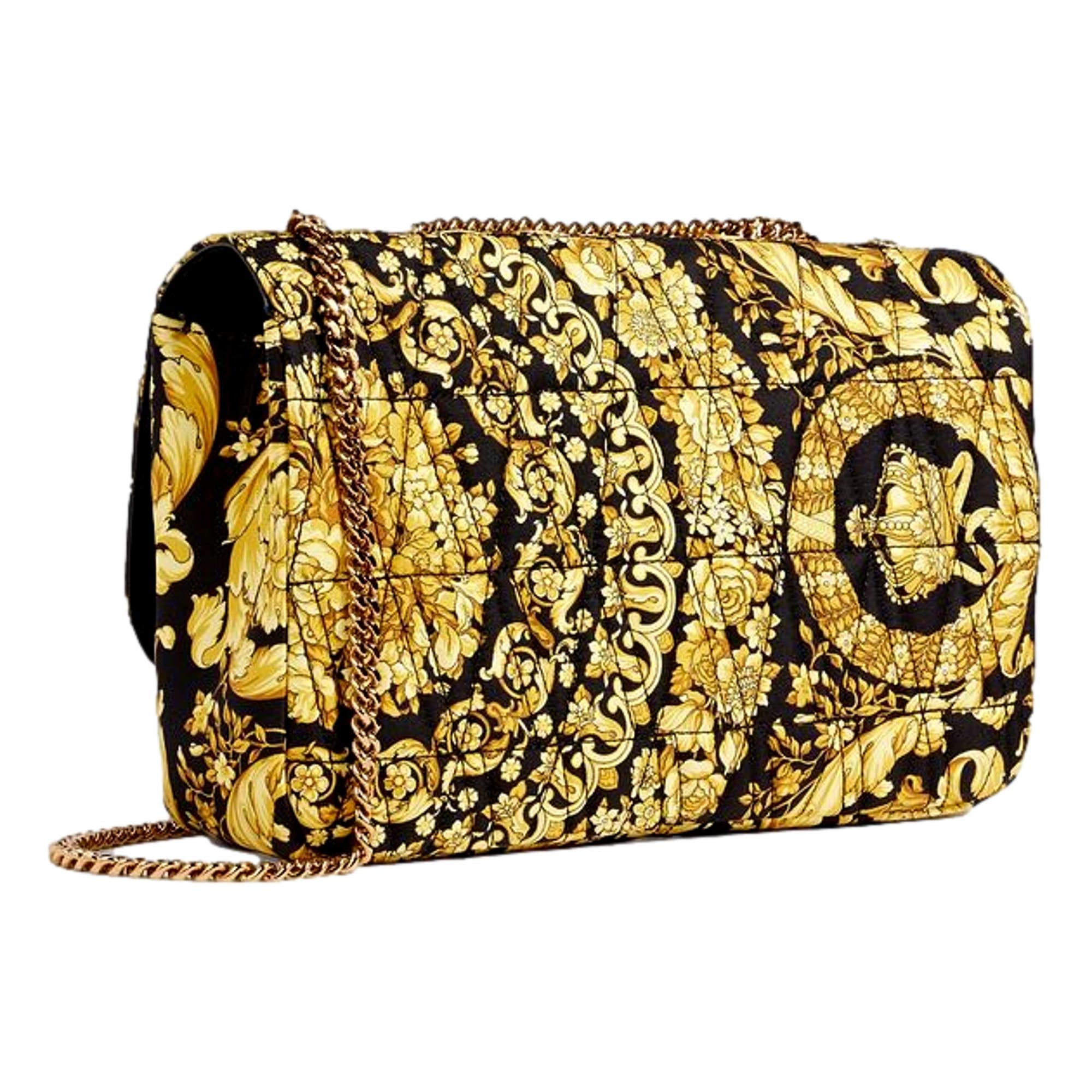 Versace Virtus Barocco Print Quilted Silk Shoulder Bag Black Gold