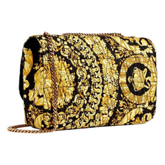 Versace Virtus Barocco Print Quilted Silk Shoulder Bag Black Gold