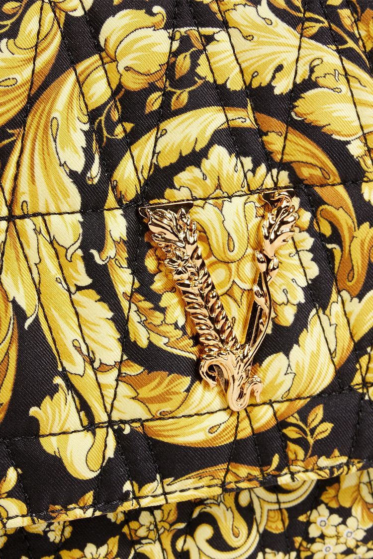 Versace Virtus Barocco Print Quilted Silk Shoulder Bag Black Gold