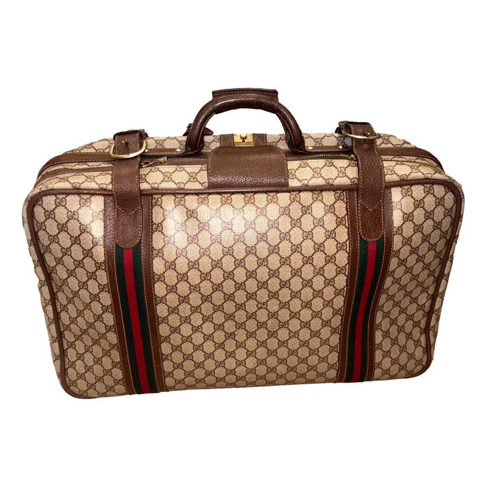 Gucci Vintage GG Monogram Canvas Travel Suitcase with Web Stripe and Leather Trim