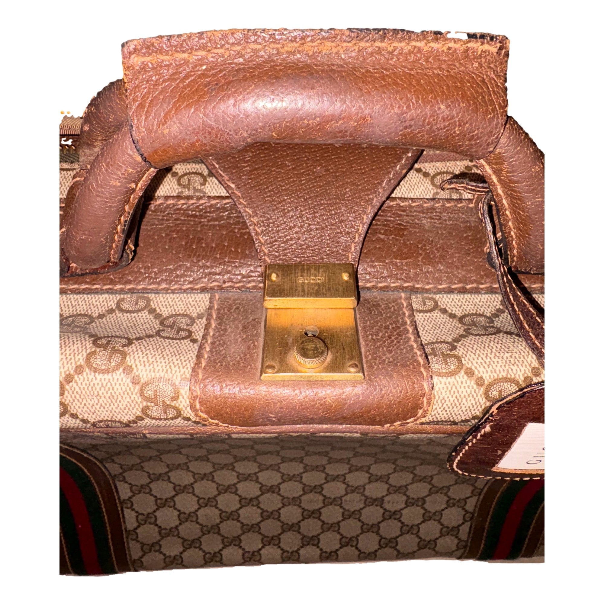 Gucci Vintage GG Monogram Canvas Travel Suitcase with Web Stripe and Leather Trim