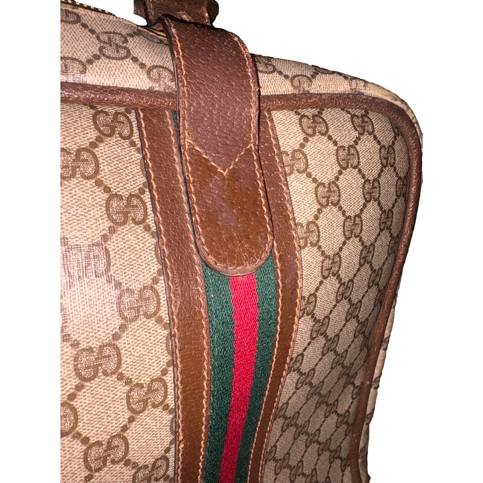 Gucci Vintage GG Monogram Canvas Travel Suitcase with Web Stripe and Leather Trim
