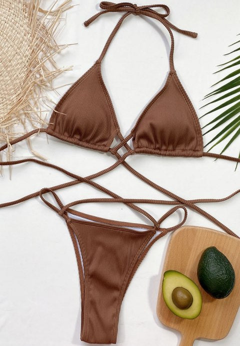 Rib Crisscross Halter Thong Bikini Swimsuit