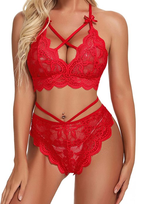 Bold Lace Bra and Panty Set with Crisscross Straps