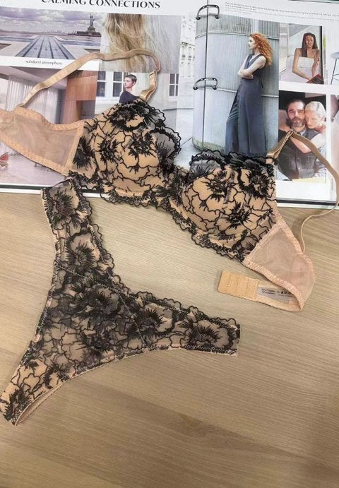 Beige Floral Lace Bra and Thong Set
