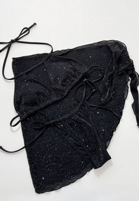 Women's 3 Piece Swimsuits Triangle Bikini Set Bathing Suits with Mesh Cover Up Beach Skirt