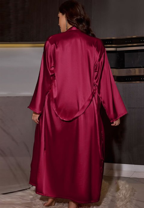 Plus Size Chic Burgundy Satin Robe and Nightgown Set