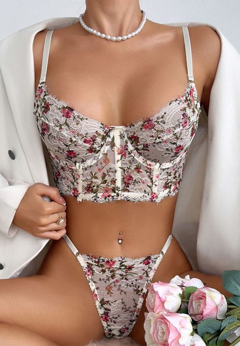 Floral Lace Corset Bra & Thong