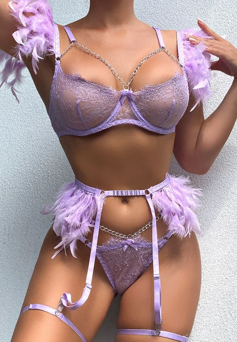 Women's Feather Trim Bra and Panty Set