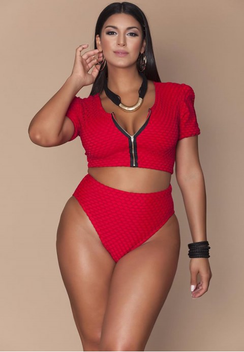 Plus Size Mesh Sleeved High Waist High Leg Crop Bikini Swimsuit