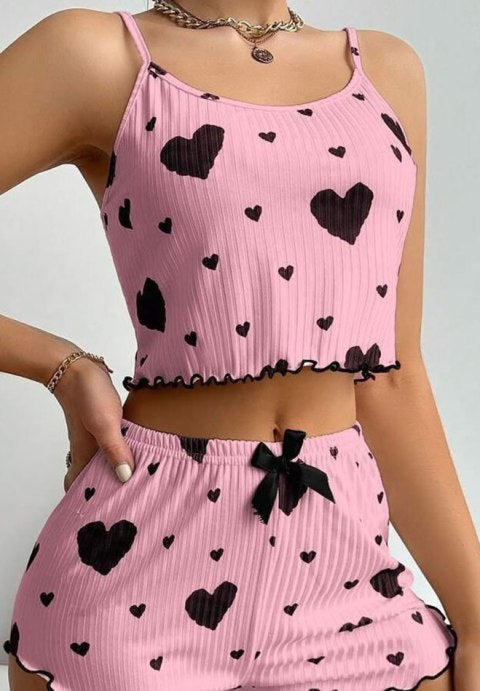 Adorable Heart Print Cami and Shorts Set